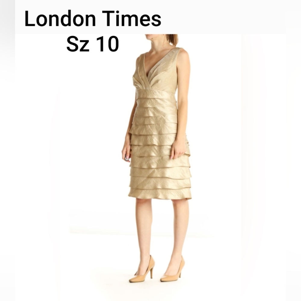 London Times Beige Dress Sleeveless Tiered Ruffle Sheath Formal Cocktail Sz. 10